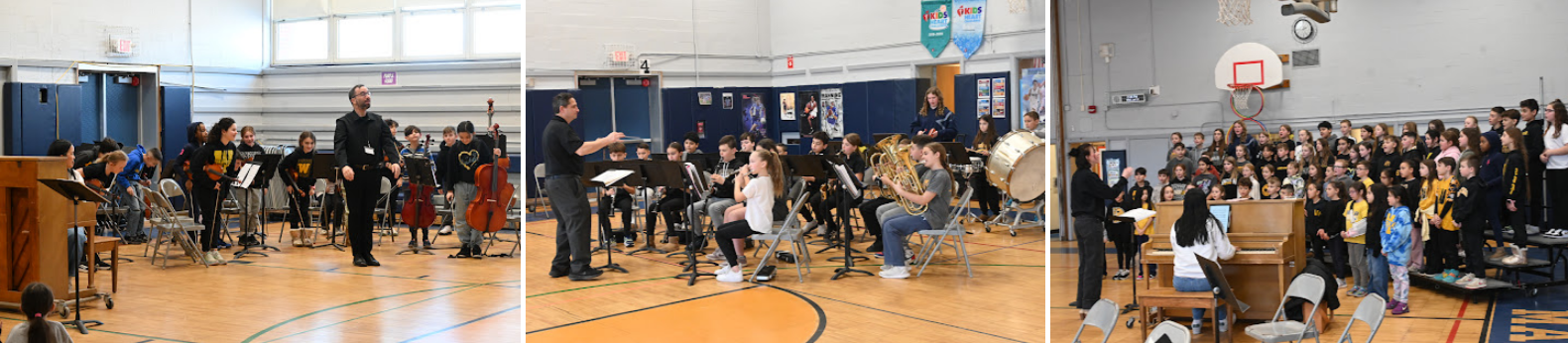 3 photos of students playing stringed and brass instruments and some students singing